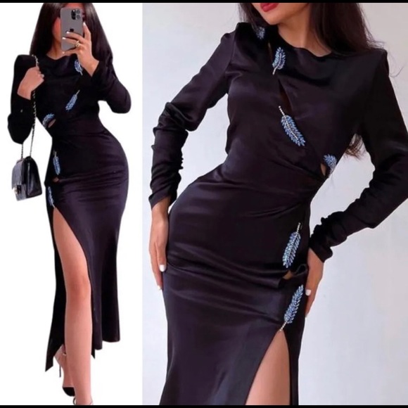 LAST NWT ZARA BLACK LEAF SATIN EFFECT DRESS - Picture 2 of 15